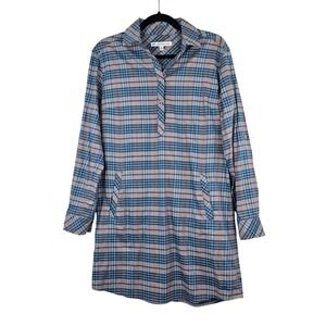 Southern Tide Women's Plaid Tunic Dress Blue Green Grey Roll Tab Sleeve Small